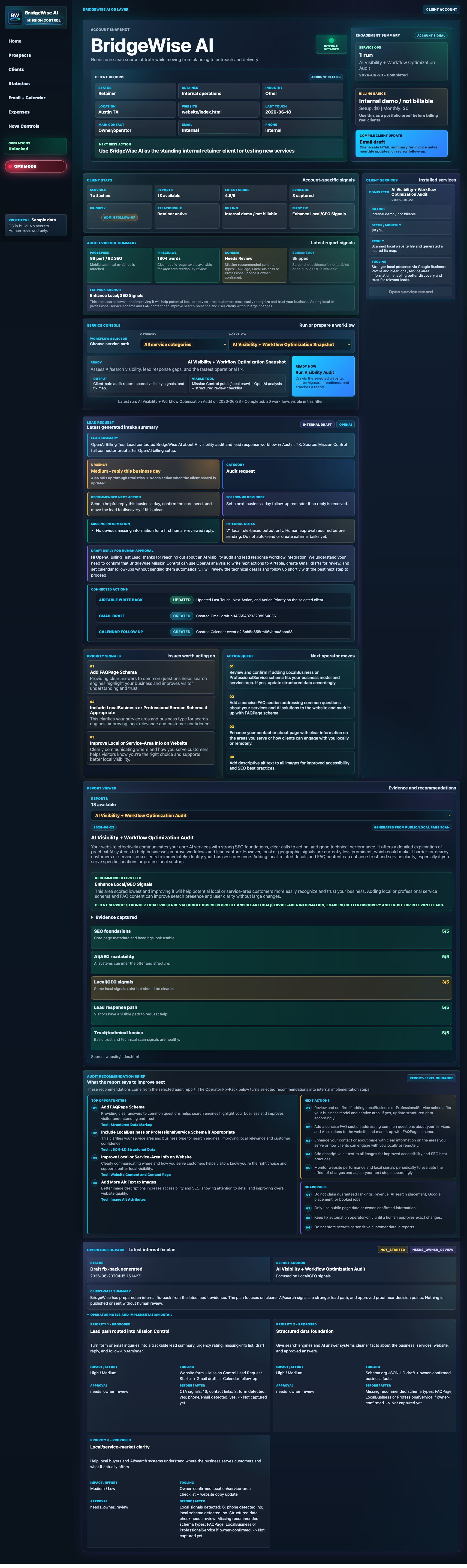 Mission Control client account view showing account snapshot, service status, evidence, and engagement summary