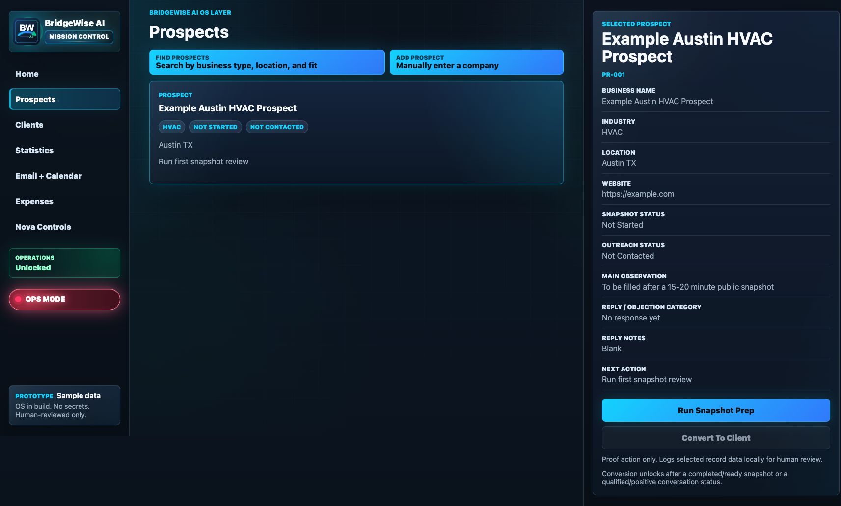 Mission Control prospect view showing the selected prospect and detail panel with snapshot status and next action