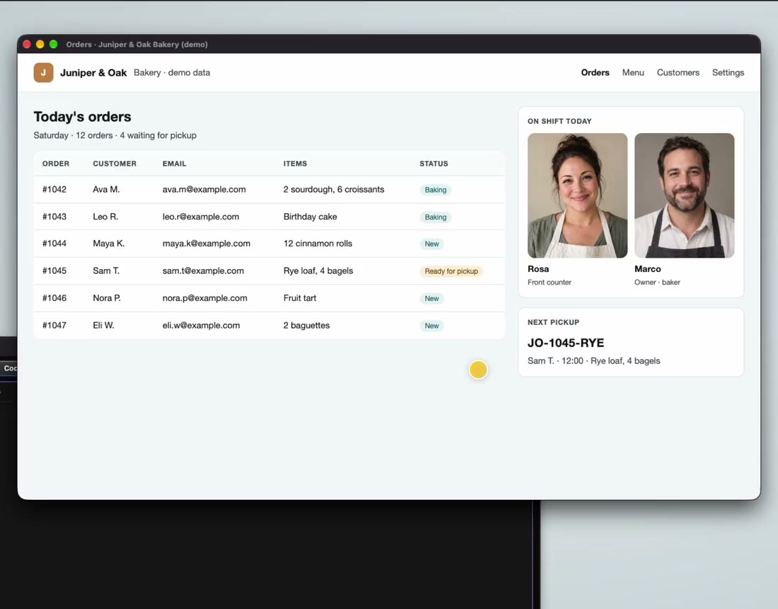 SmartSnap on a demo bakery page: a box and label, one click blurs every email, it finds two faces and blurs one, then Done sends the marked-up snapshot straight into a demo AI chat (its reply is scripted)