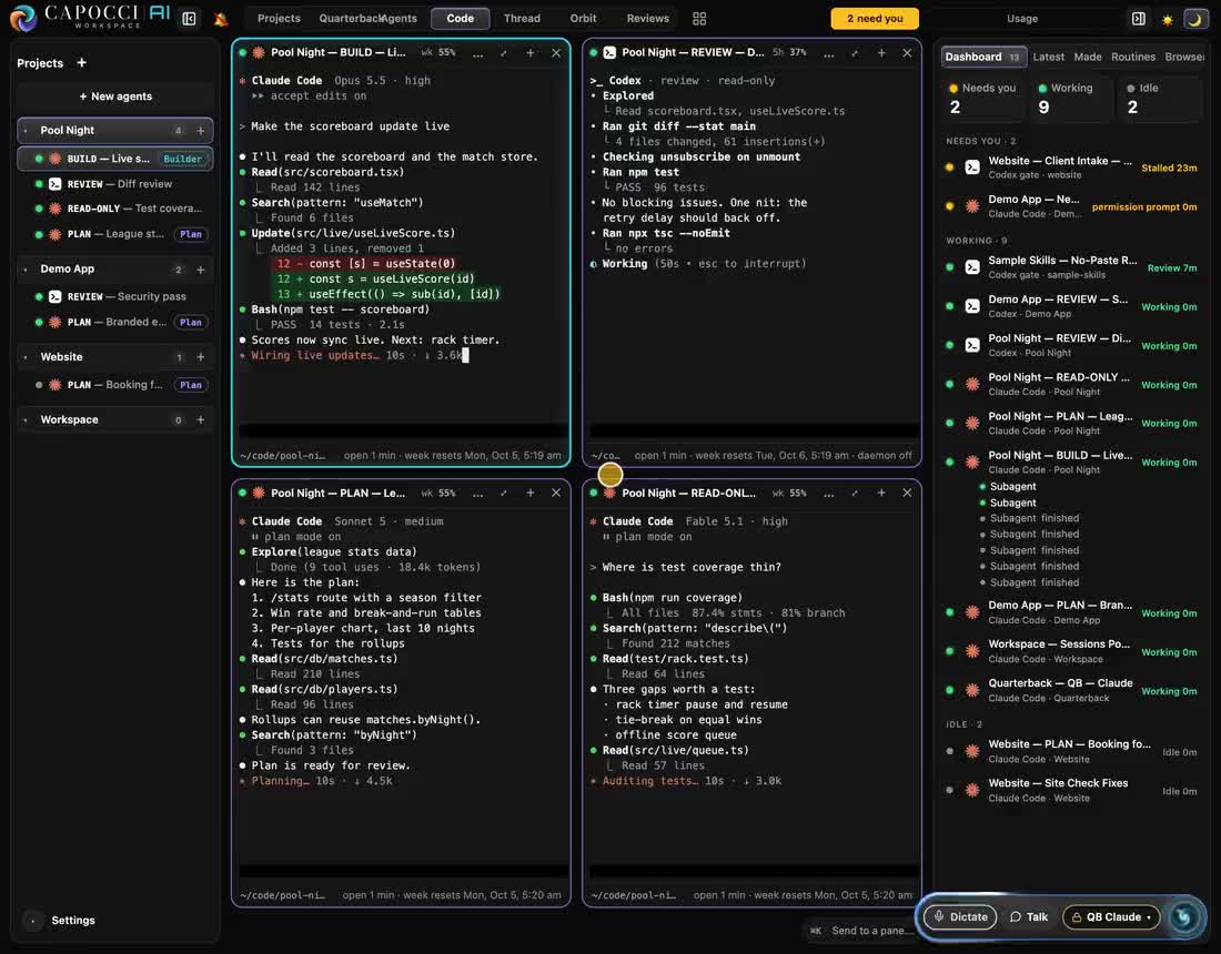 Capocci Workspace with sample sessions: agents working side by side, the Reviews and Projects views, then a scripted demo talk in which Gigi opens Reviews and sends a request into a session